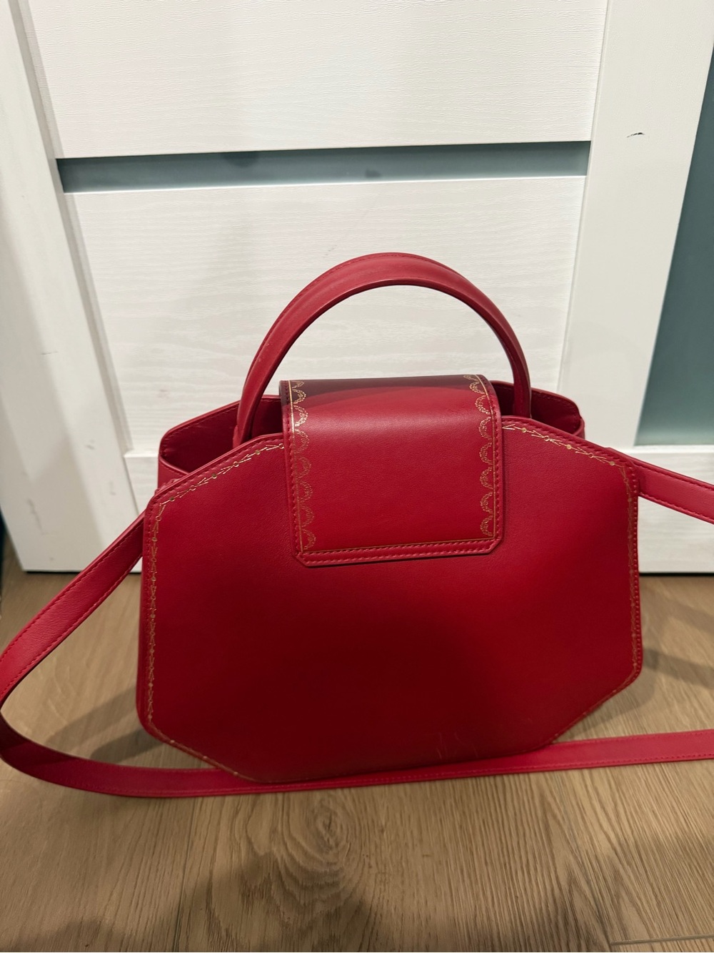 Cartier Red Leather Top-Handle Satchel with Gold Stitching - Picture 4 of 4